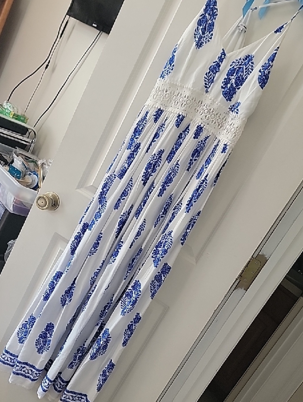 Fashion Nova White Maxi Dress with Blue Floral Print